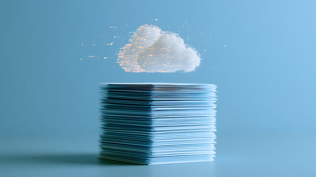 Digital data storage concept with stack of papers and glowing cloud network above on blue background for modern technology information system