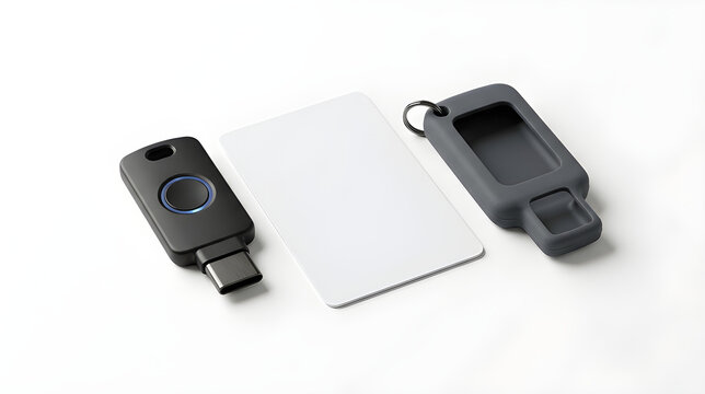USB Hardware Security Key Authentication Dongle RFID Smart Card Silicone Case Digital Access Control System Cyber Security Hardware Equipment Isolated on White Background 3D Render
