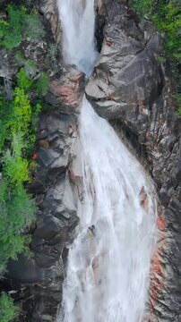 Aerial view of Shannon Falls. Water rushing down the canyon. Canada