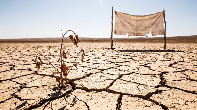 Cracked dry earth ground with a withered dead plant and a torn old fabric hanging on wooden poles in a desert drought landscape.