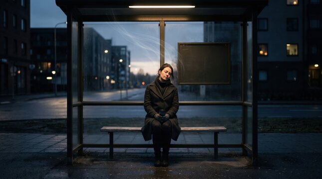 Tired and sleepy woman sitting on a bench inside a glass bus shelter waiting during early morning or late evening.