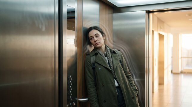 Tired and stressed businesswoman leaning her head against the wall inside a modern office elevator.
