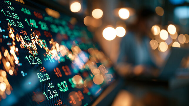 Bright digital ticker screen displaying financial data and a major benchmark stock index clean modern high resolution display vivid green and red numbers professional fintech interface