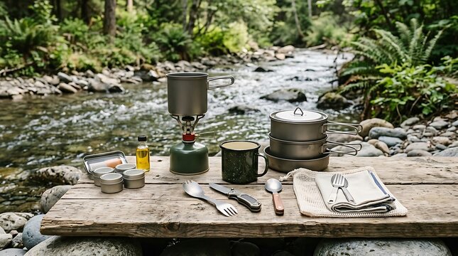 A complete portable camping kitchen set arranged on a rustic wooden table by a flowing stream.