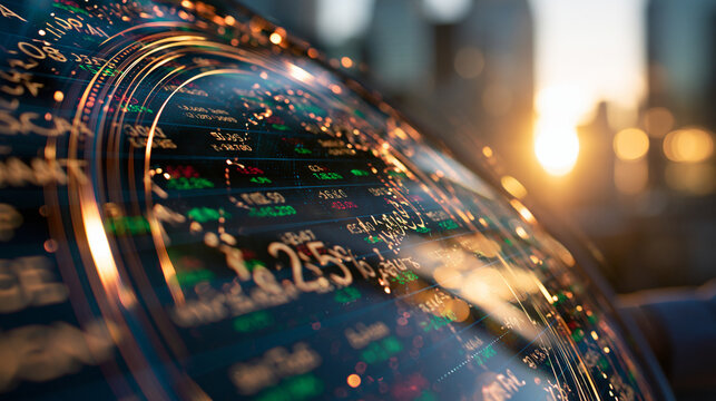 Bright digital stock ticker glowing with financial data against a softly blurred sunny cityscape backdrop clean modern financial technology scene crisp high resolution visualization