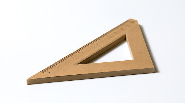 Wooden set square triangle ruler on white background for geometry, architecture, engineering design, technical draft, and math education