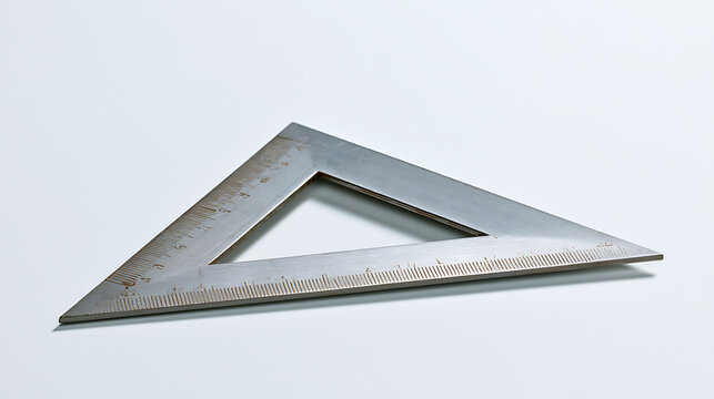 A metallic set square triangle tool isolated on a clean white background, perfect for architectural design, engineering and math projects