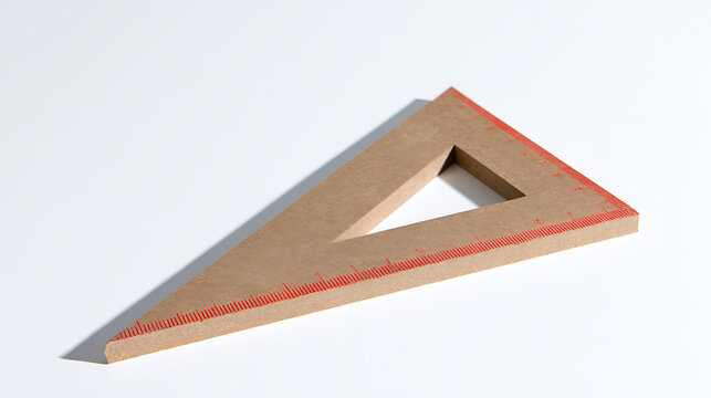 Minimalist wooden triangle ruler with red measurement scale on bright white background for architectural design and engineering project work