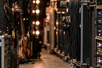 Fototapeta premium Backstage with music equipment, cables, and instruments