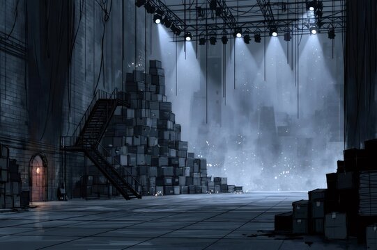 Industrial warehouse scene showing stage lighting and stacked boxes