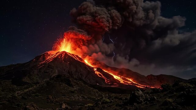 Volcano erupting at night with lava flows and ash lightning
