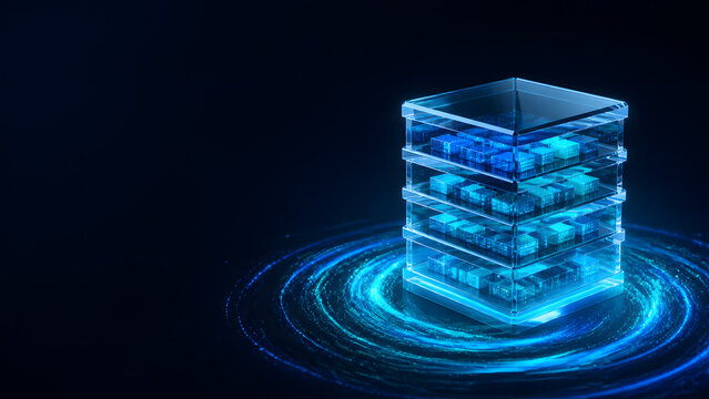 Glass server tower cube stack glowing brightly on swirling digital technology particle background design template