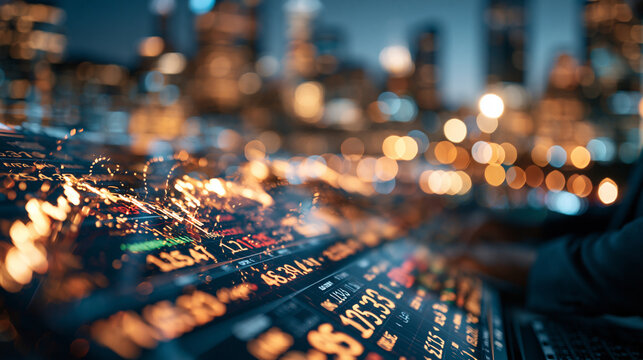 Blurred image of a stock ticker display with city lights reflecting on the screen at night glowing bright ticker numbers against the dark evening skyline clean modern financial technology