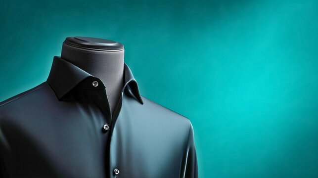 Luxury men's black silk shirt with premium satin fabric texture, neatly displayed on a matte black mannequin torso, centered composition against a vibrant teal gradient studio background, 
