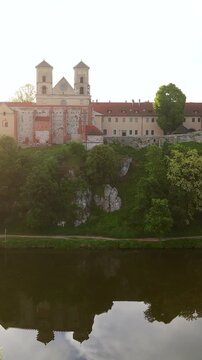 Aerial view of Benedictine abbey in Tyniec, Poland at dawn.
