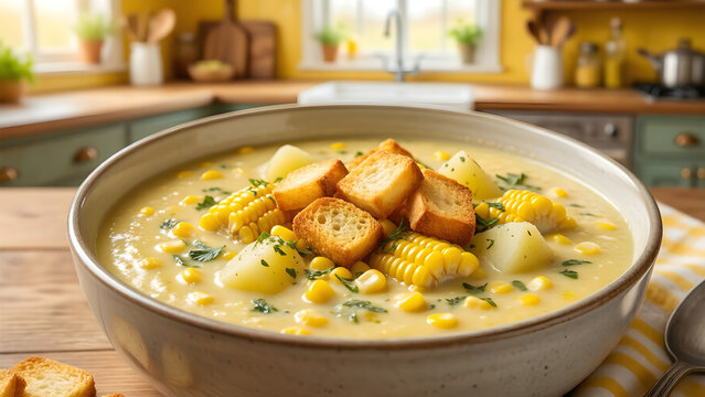 Creamy corn chowder with herbs and croutons
