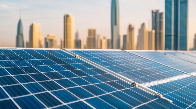 Golden Afternoon Along the Bright Commercial Skyline: Urban Skyline Background With Rooftop Solar Panels Foreground