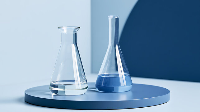 Laboratory glass erlenmeyer flasks with clear and blue liquid on a round podium inside a clean science research facility with cool tone