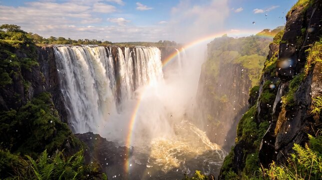 Victoria falls cascades down rocky cliffs creating misty spray under a vibrant circular rainbow arc sky