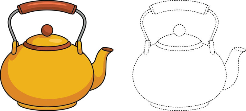 Identical tracing worksheet activity featuring a yellow tea kettle and dotted outline kids activity yellow teapot educational game preschool page drawing practice school task