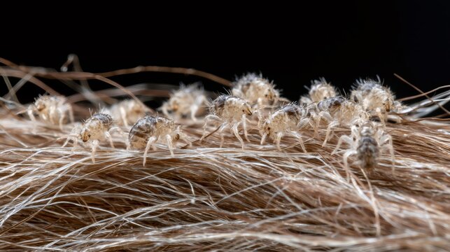 Head lice infestation crawling on human hair macro view