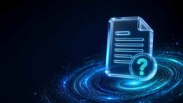 glowing document paper with question mark icon representing unresolved information inquiry help symbol system design