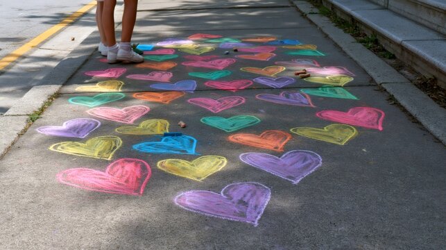 Child standing among colorful chalk hearts sidewalk art