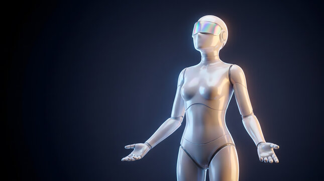 Female humanoid robot wears glowing rainbow visor and stands calmly against dark blue background scene