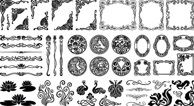 Art nouveau style decorative elements, floral frames, borders, corners, and vintage ornaments collection