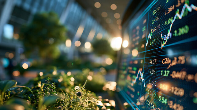 Bright digital stock market ticker displaying fluctuating prices inside a modern airport terminal surrounded by lush greenery and sleek architecture dynamic bright atmosphere crisp high