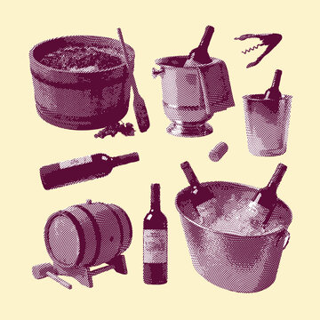 Vector halftone illustration collection of wine bottles ice buckets and ice buckets.