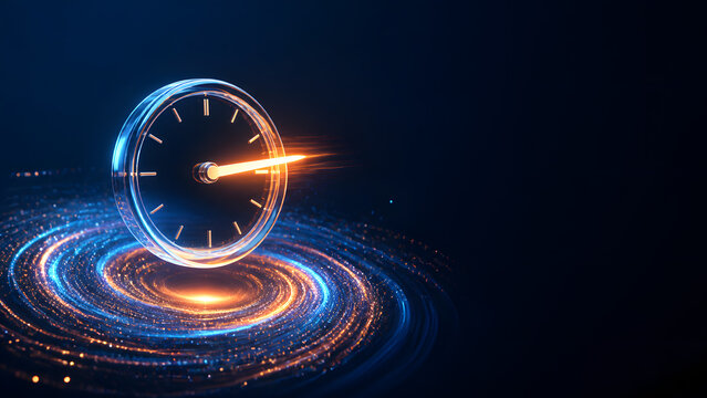 Transparent clock dial with glowing orange needle pointing toward fast delivery speed indicator right now