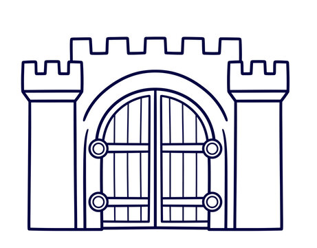 Medieval castle gate outline vector icon with towers and wall stone castle wooden door