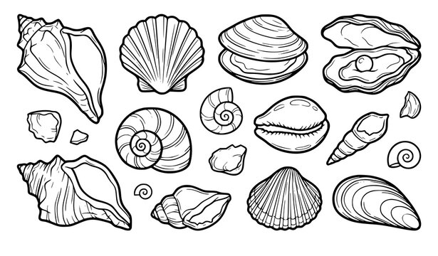 Hand Drawn Sea Shells Marine Coloring Book Black White Outline Vector Collection