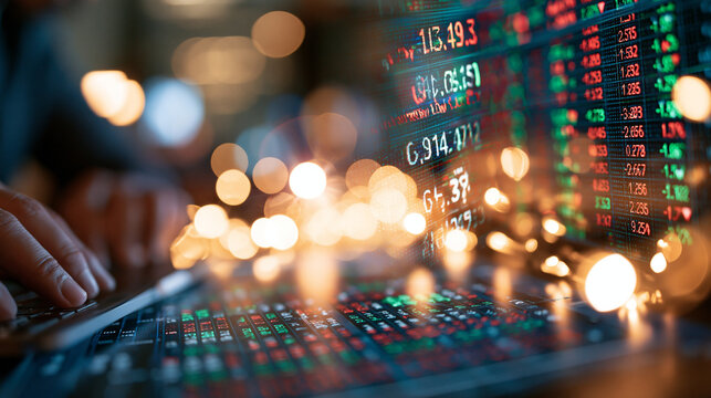 Bright fluctuating stock prices displayed on a scrolling ticker tape clean modern digital screen crisp high resolution finance visualization vivid green and red data highlights