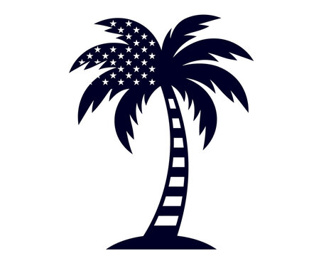 Palm tree silhouette with american flag pattern integrated into fronds, stars and stripes