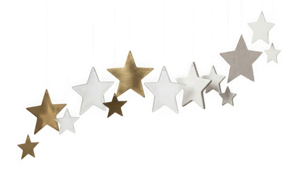 Fototapeta premium Hanging decorative stars in gold and white colors isolated on transparent background