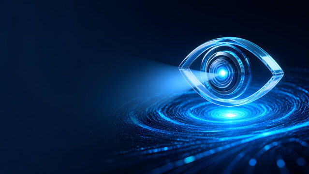 Transparent eye icon emitting glowing scan beam representing digital vision and tracking technology system today