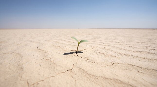 Young seedling emerging from cracked desert soil under clear sky
