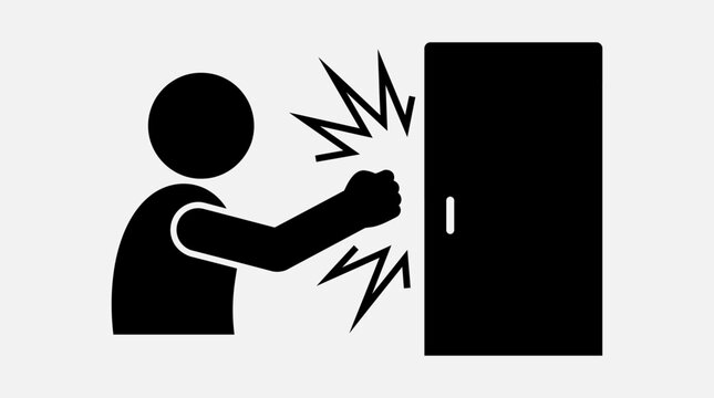 A minimalist black and white icon showing a person knocking on a closed door representing communication or seeking an entry
