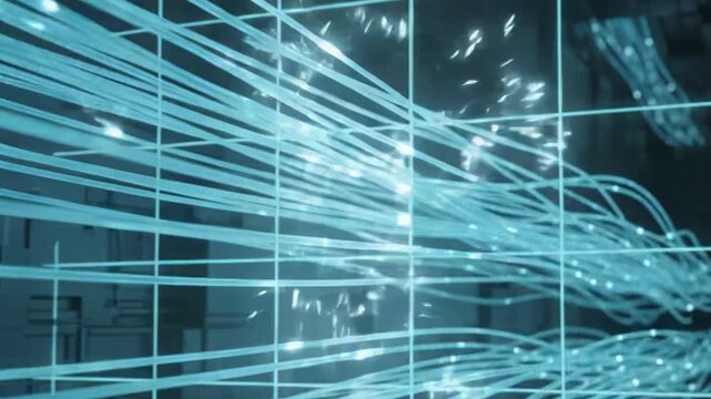 Glowing cyan data threads streaming through dark space