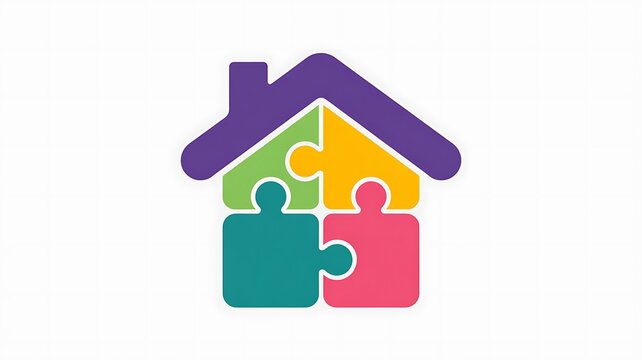 Colorful house icon made of four puzzle pieces
