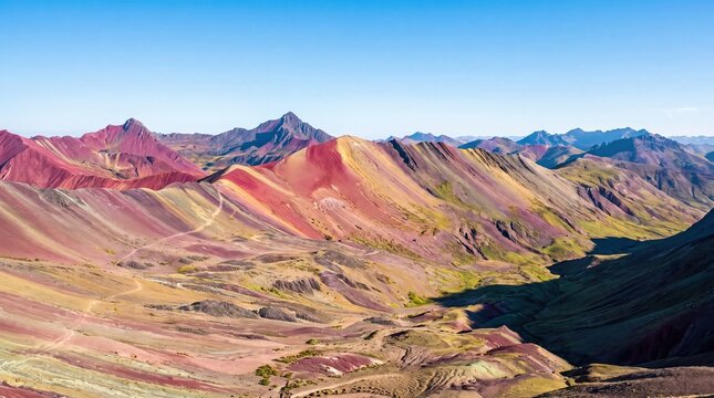 Majestic rainbow mountains of Peru showcase vibrant geological colors under a bright clear blue morning sky