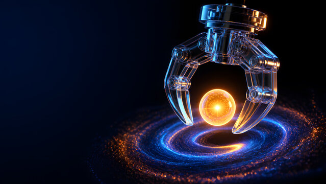 Robotic claw gripper holding glowing orange orb above cosmic digital vortex background technology illustration design