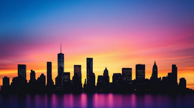 Radiant Sundown Framed by Distant Architecture: Urban Skyline Background With Colorful Sunset And Skyline Sil &acirc;&euro;&ldquo; Skyline Study 4