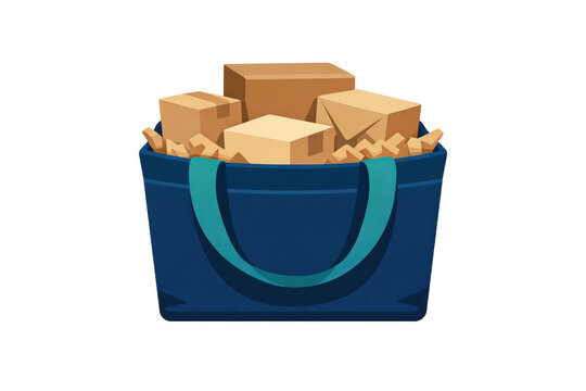 Blue tote bag filled with cardboard boxes