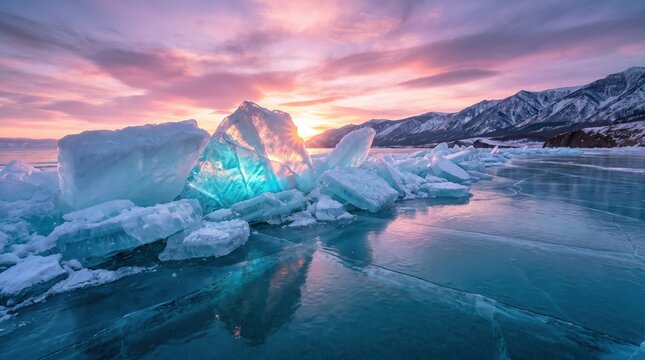 Majestic blue ice shards glittering under vibrant pink sunset light over frozen lake Baikal winter landscape