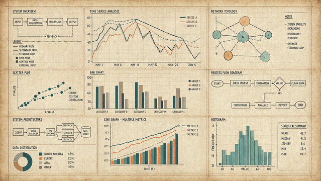 Vintage data visualization dashboard with financial charts and business analytics graphs.