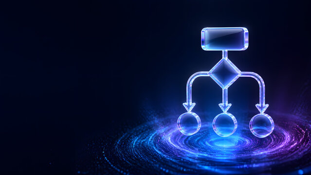 Glass flowchart diagram with decision node and three circle output above digital vortex background illustration design