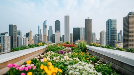Fototapeta premium Soft Overcast Light Along the Bright Commercial Skyline: Urban Skyline Background With Rooftop Garden Foreground Susta â€“ Skyline Study 4